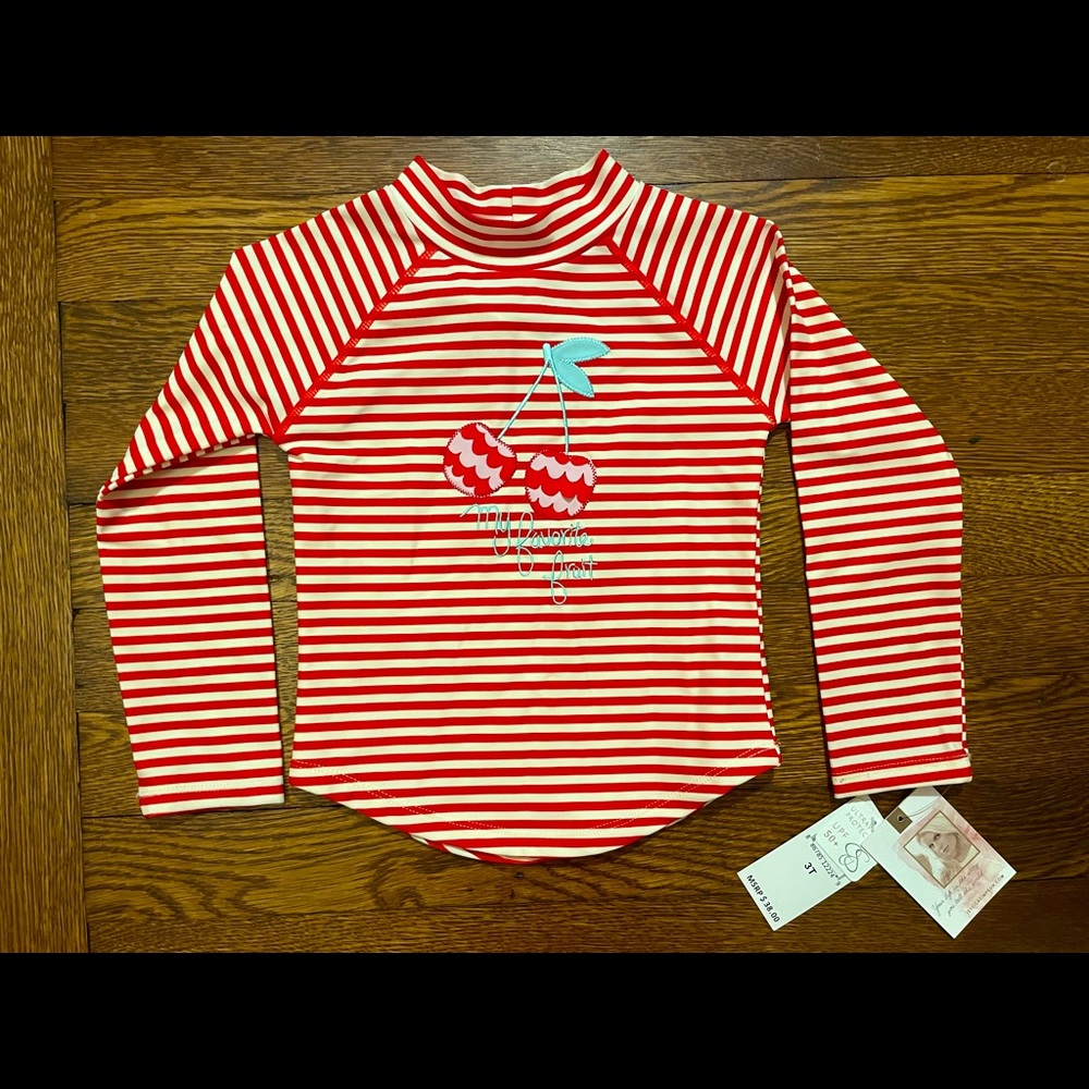 NWT Jessica Simpson Red & White Striped Rash Guard with Cherry Fruit Size 3T
